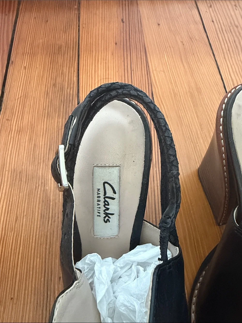 Clarks Black Leather Peep-Toe Slingback Block Heels